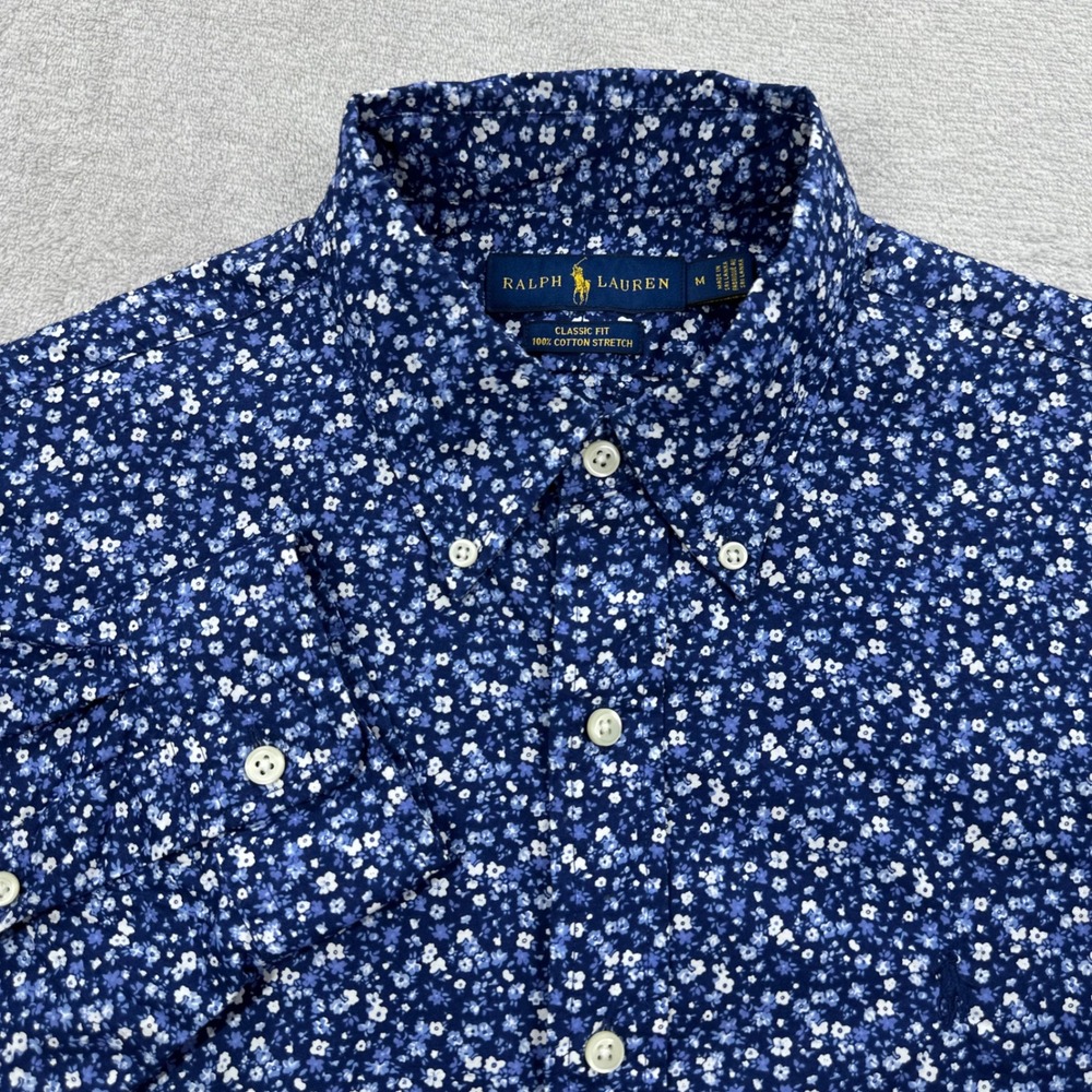 Ralph Lauren Button Down Shirt Men Medium Navy Floral Classic Fit Cotton Stretch